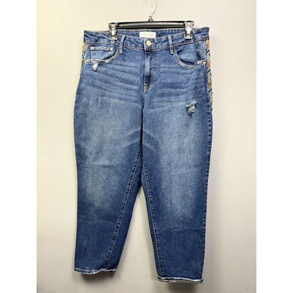 Knox Rose Jeans Womens 14 Crop Medium Wash Aztec Stripe Stretch Boho Blue Denim